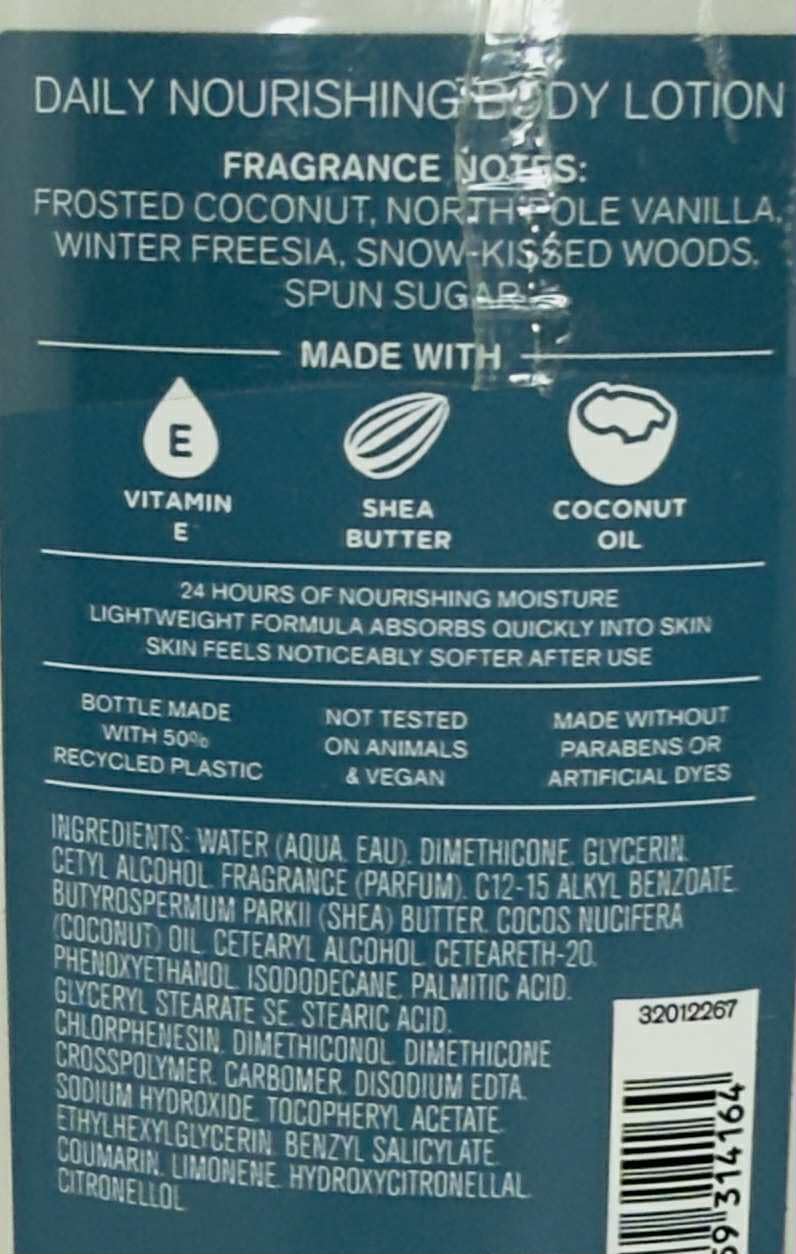 Bath & Body Works Frosted Coconut Snowball two-pack label highlighting coconut-vanilla aroma.