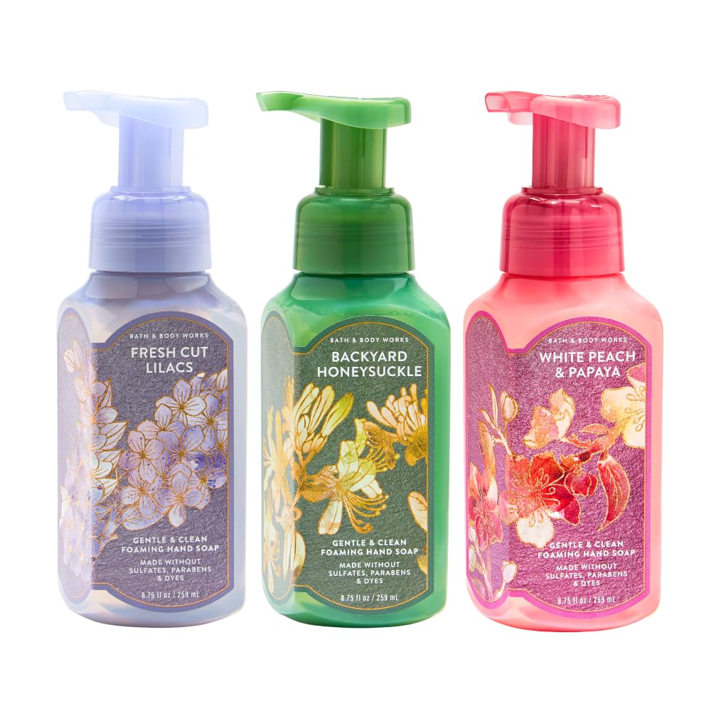 Bath & Body Works Fresh Cut Lilacs foaming soap bottle on sink with gentle cleansing