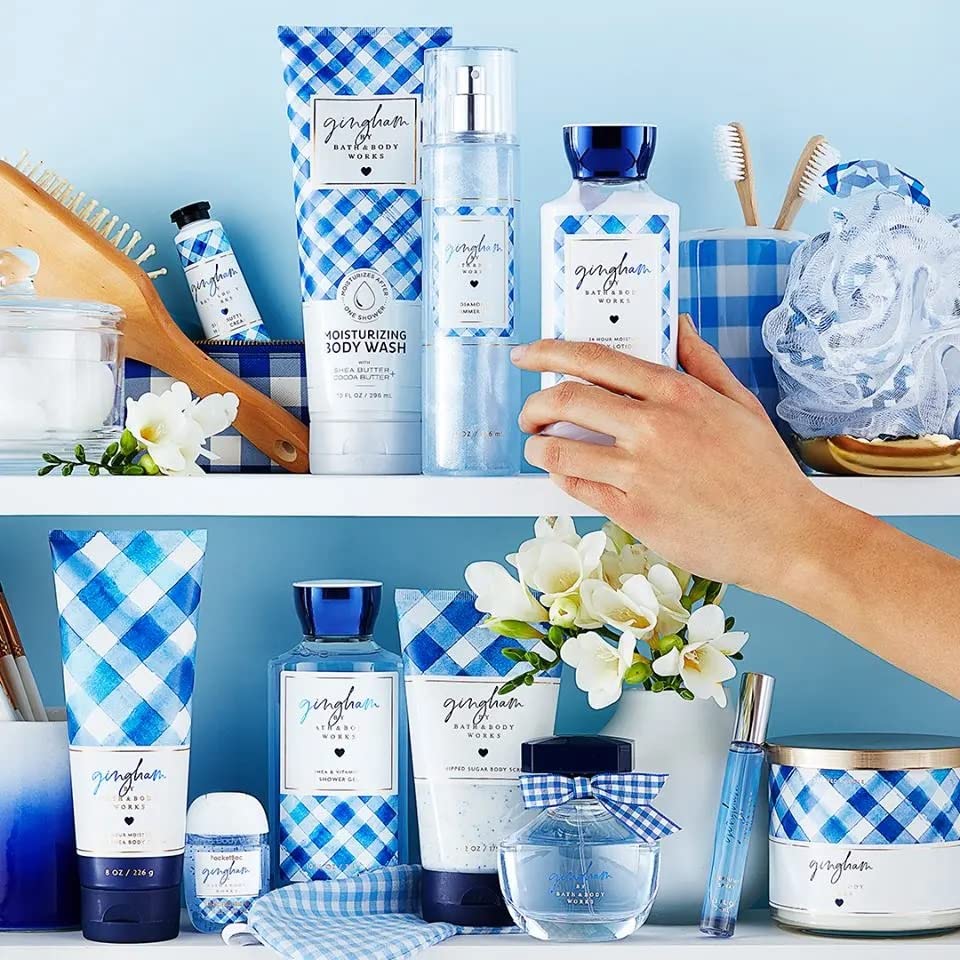 Gingham body cream applied to skin delivering hydrated softness
