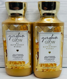 Bath and Body Works Gingham Glow lotion texture close-up showing quick absorption.