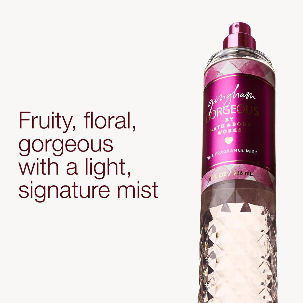 Bath & Body Works Gingham Gorgeous Mist spray nozzle shown for even mist distribution.