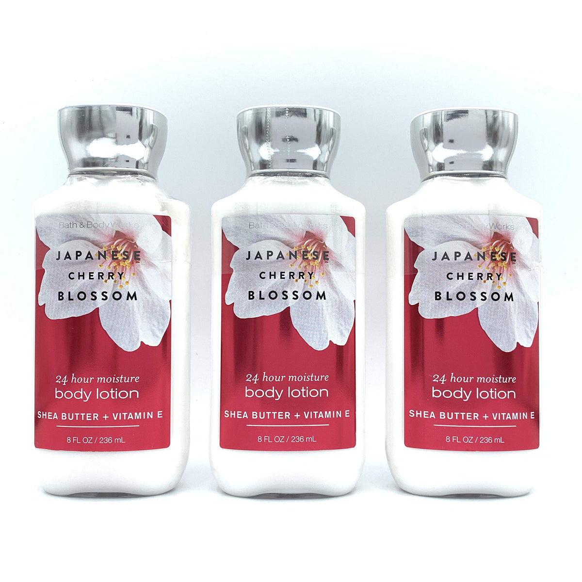 Bath & Body Works Japanese Cherry Blossom lotion set of 3 bottles for daily hydration.