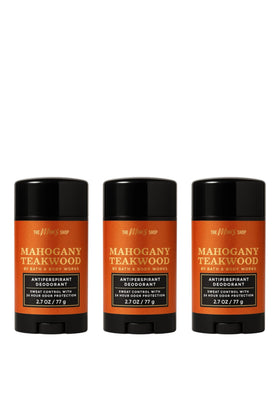 Bath & Body Works Mahogany Teakwood antiperspirant 3-pack showing smooth glide for daily protection.