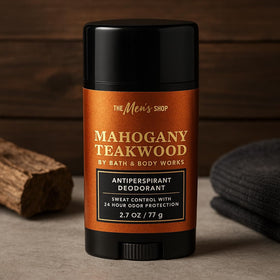 Bath and Body Works Mahogany Teakwood fragrance-note focus highlights a classic masculine profile.