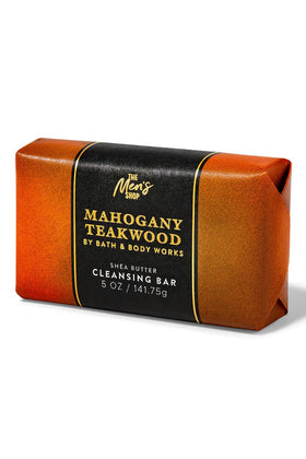 Bath & Body Works Mahogany Teakwood cleansing bar close-up shows nourishing shea butter.
