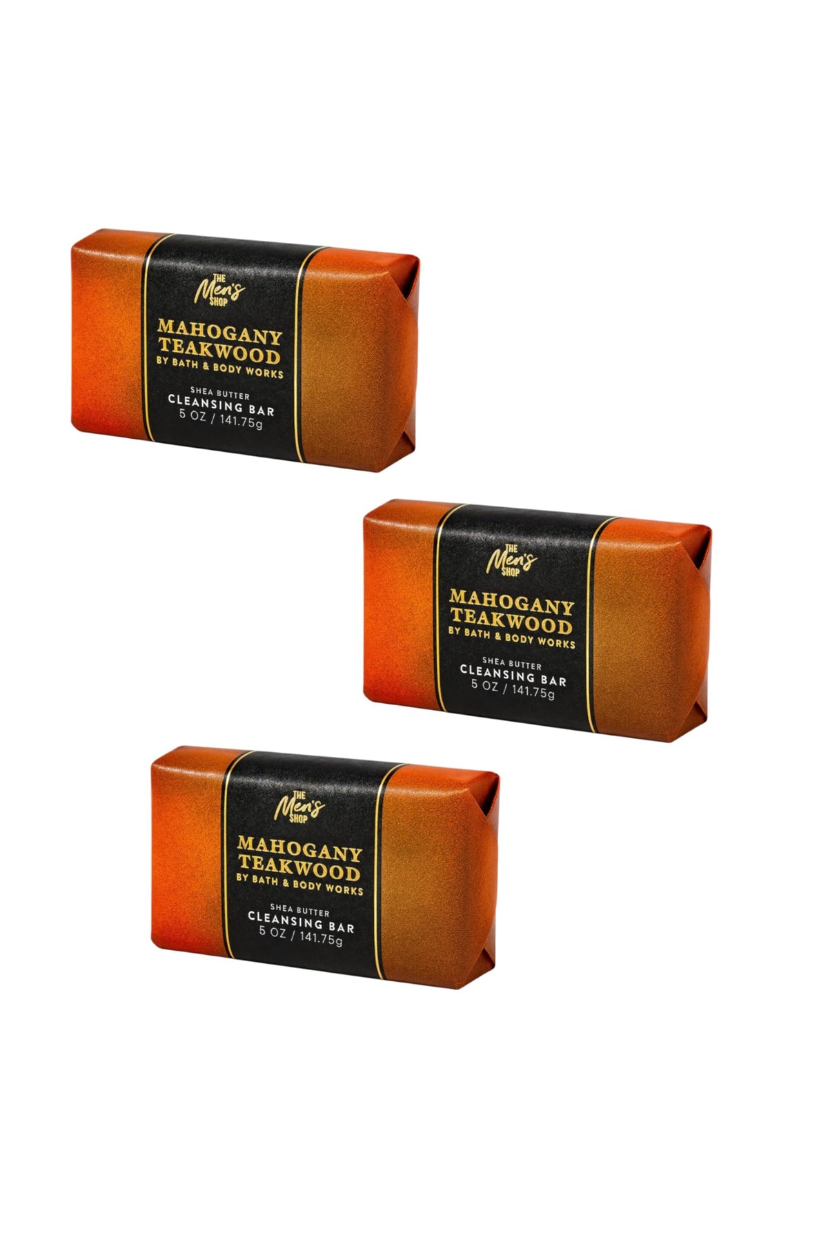 Bath & Body Works Mahogany Teakwood cleansing bar front view with 3-pack packaging for daily grooming.