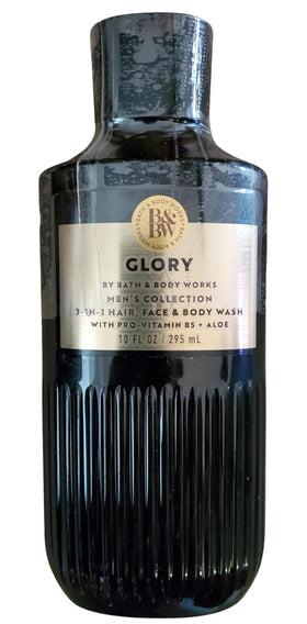 Bath and Body Works Men's Glory 3-in-1 bottle showing versatile wash for hair, face, body.