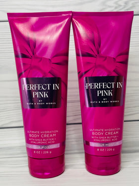 Bath & Body Works Perfect in Pink cream jar closeup shows creamy texture for moisturization