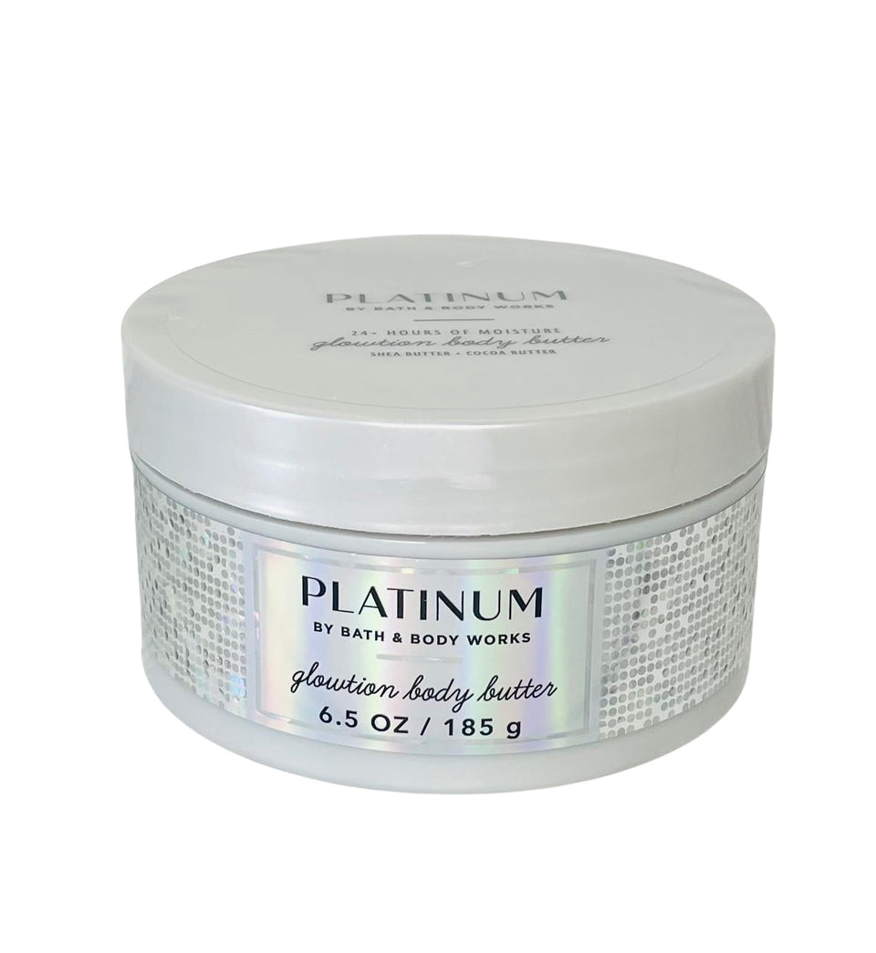 Bath & Body Works Platinum Whipped Body Butter jar showing rich texture for hydration.