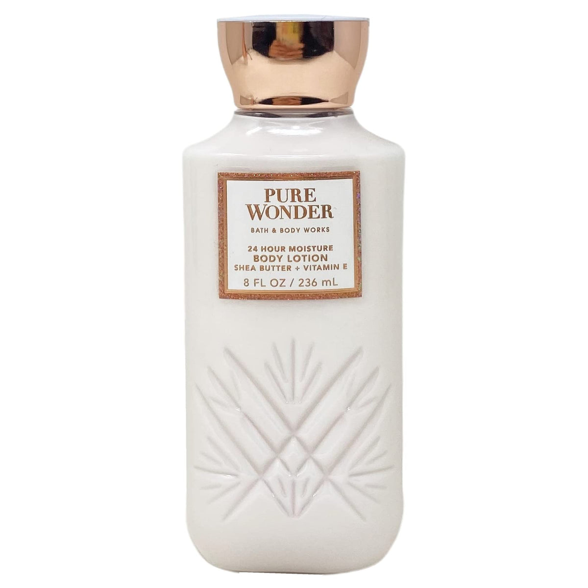 Bath and Body Works Pure Wonder lotion back label showing ingredients and usage tips for care.