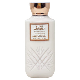 Bath and Body Works Pure Wonder lotion back label showing ingredients and usage tips for care.