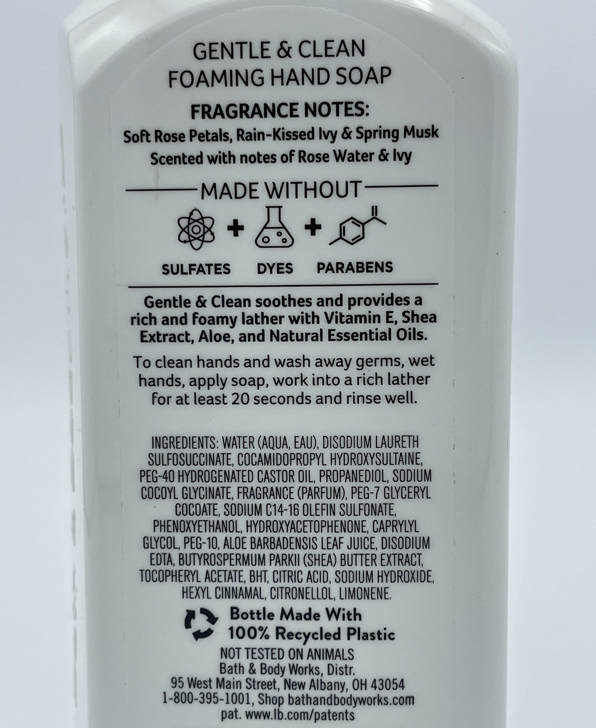 Bath and Body Works Rose Water and Ivy foaming hand soap bottle for refreshing, gentle cleansing.