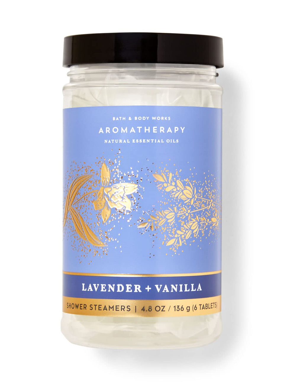 Bath & Body Works Lavender + Vanilla shower steamers bottle releasing calming fragrance.