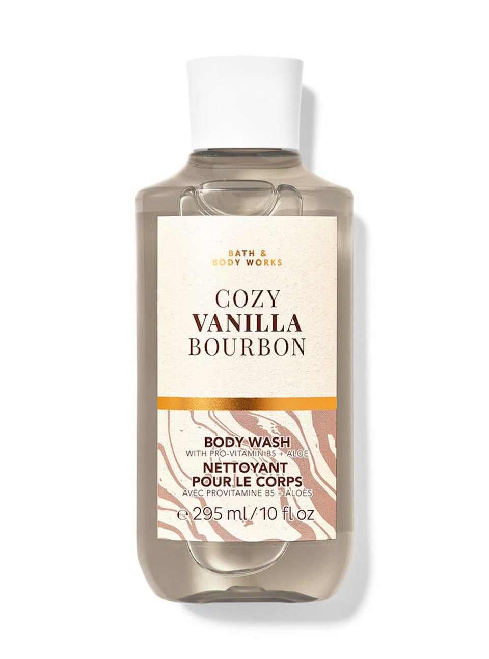 Bath & Body Works Signature Collection Cozy Vanilla Bourbon shower gel bottle with long-lasting warm fragrance