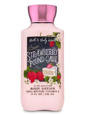 Bath & Body Works Strawberry Pound Cake Daily Trio packaging with the three products