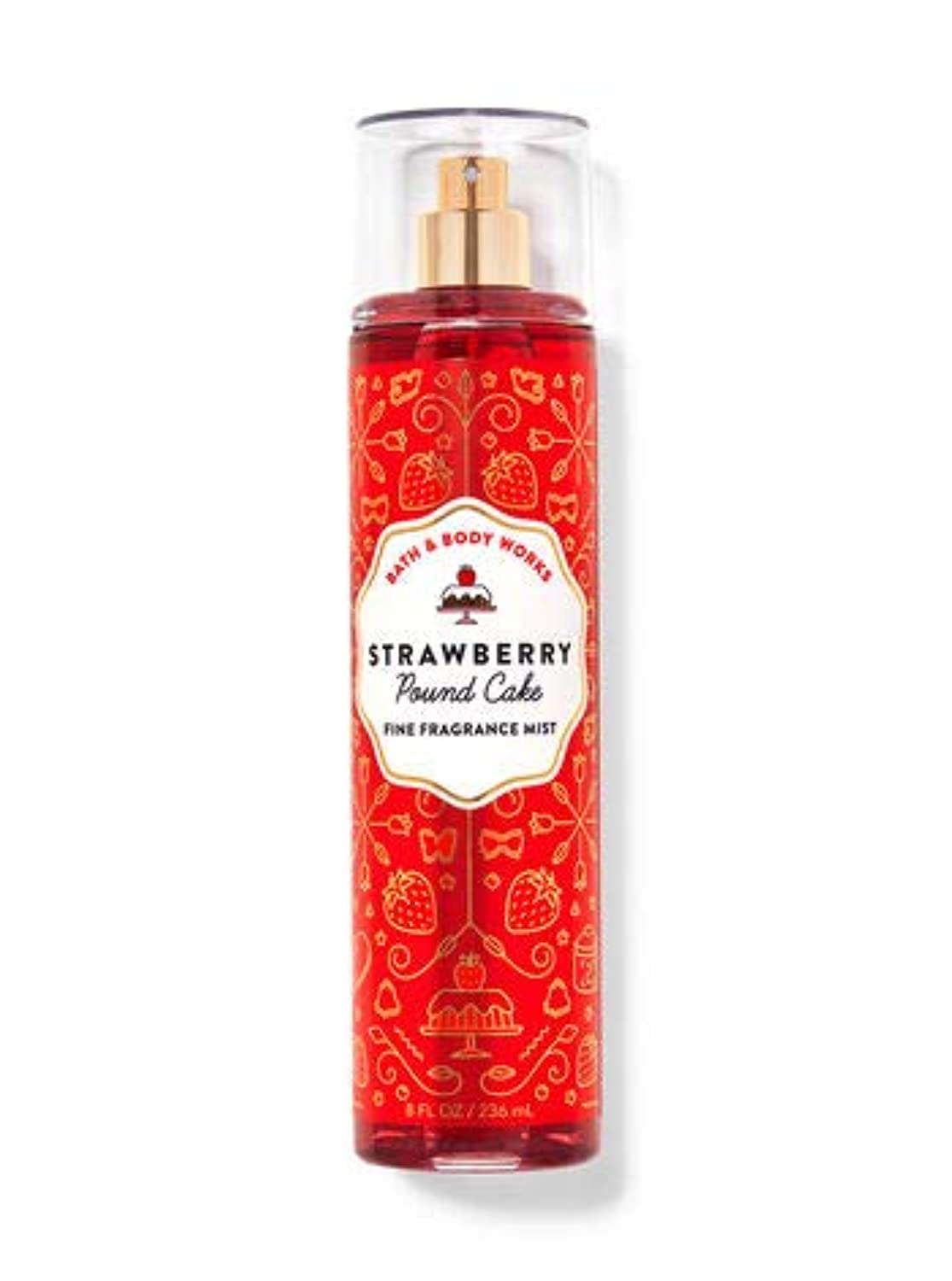 Bath & Body Works Strawberry Pound Cake Fragrance Mist highlighting sugar exfoliants for smoother skin.