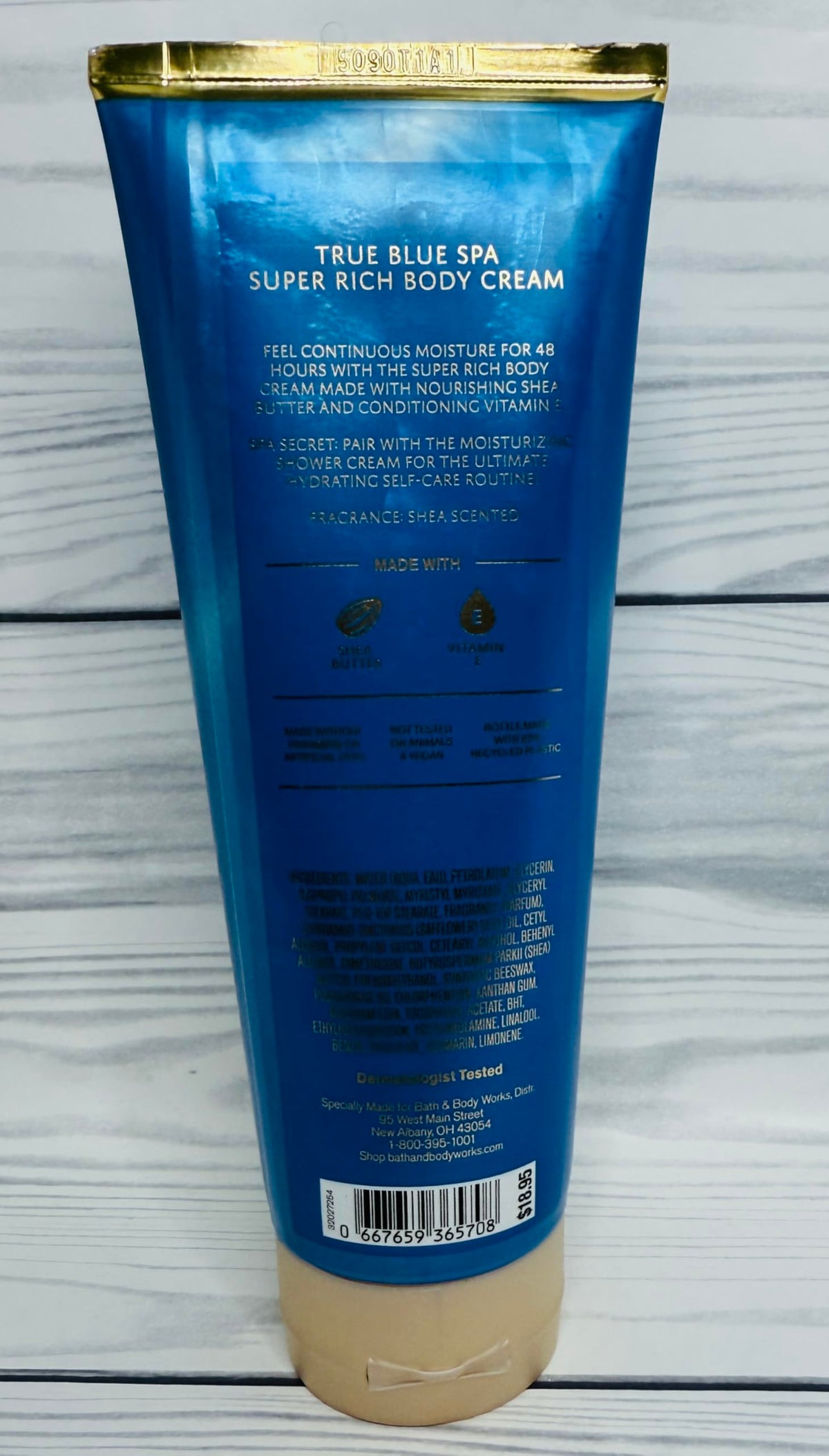 True Blue Spa body cream texture close-up highlights rich shea butter and vitamin E