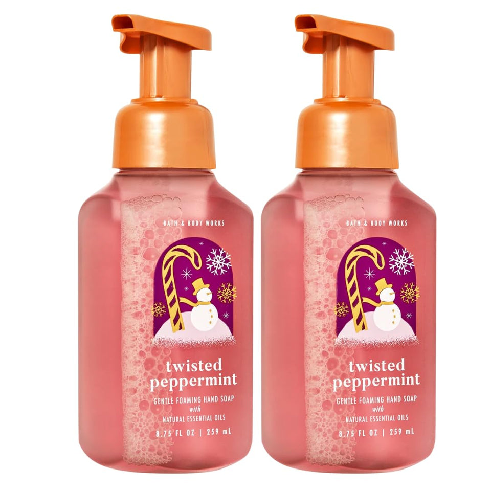 Bath & Body Works Twisted Peppermint foaming hand soap two-pack, close-up of bottles