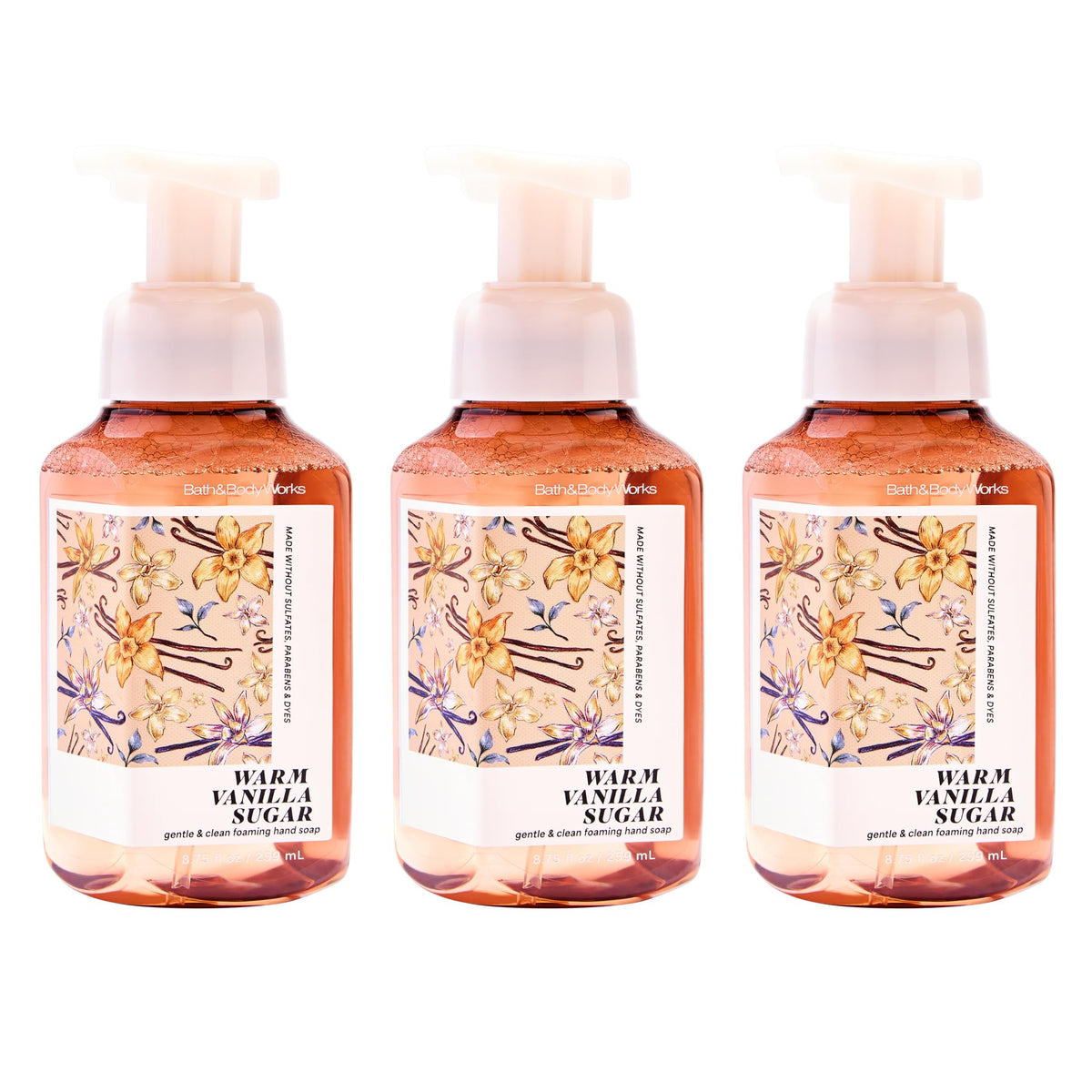 Bath & Body Works Warm Vanilla Sugar foaming soap bottle showing nourishing formula for soft hands