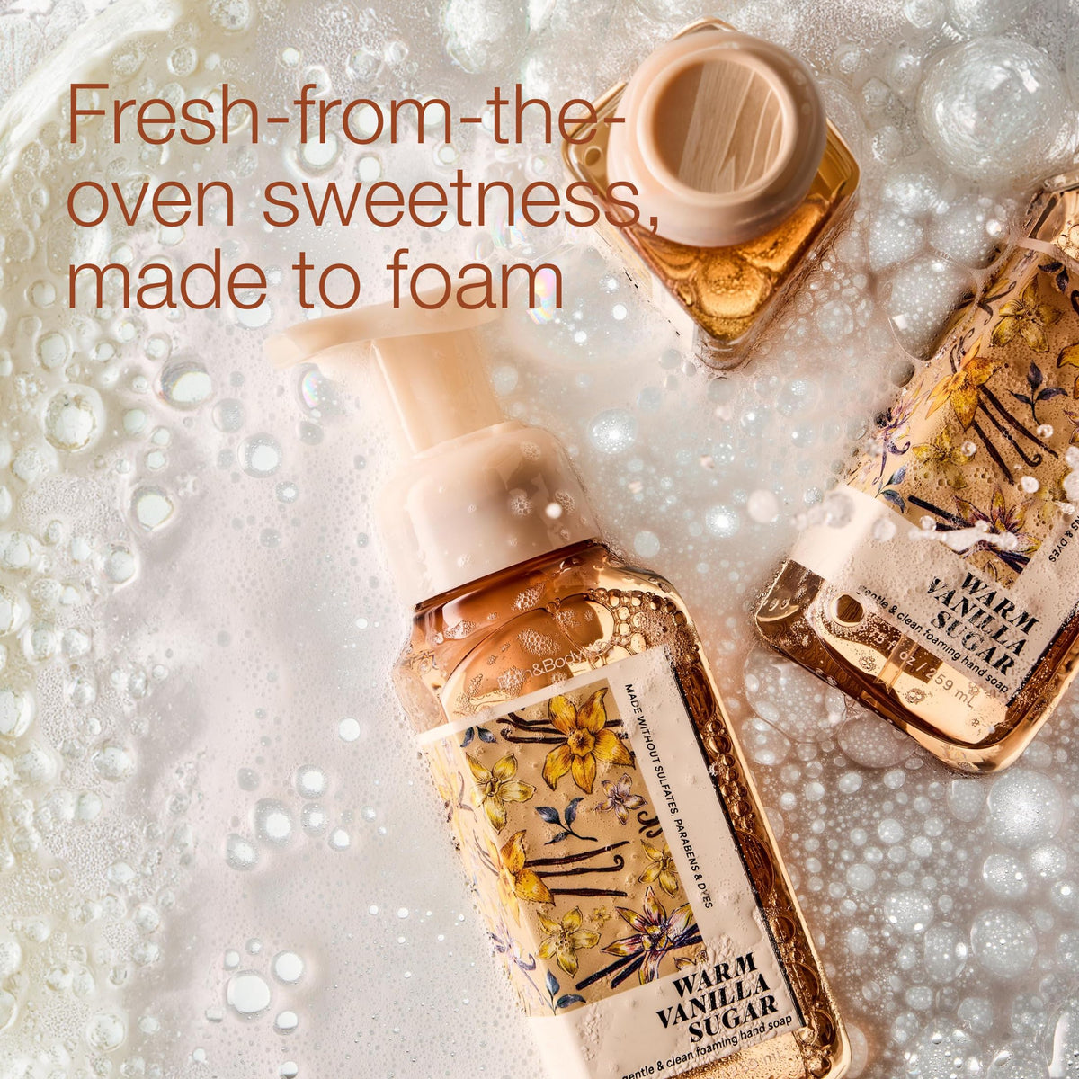Bath & Body Works Warm Vanilla Sugar foaming soap pump emphasizing gentle cleansing and skin comfort