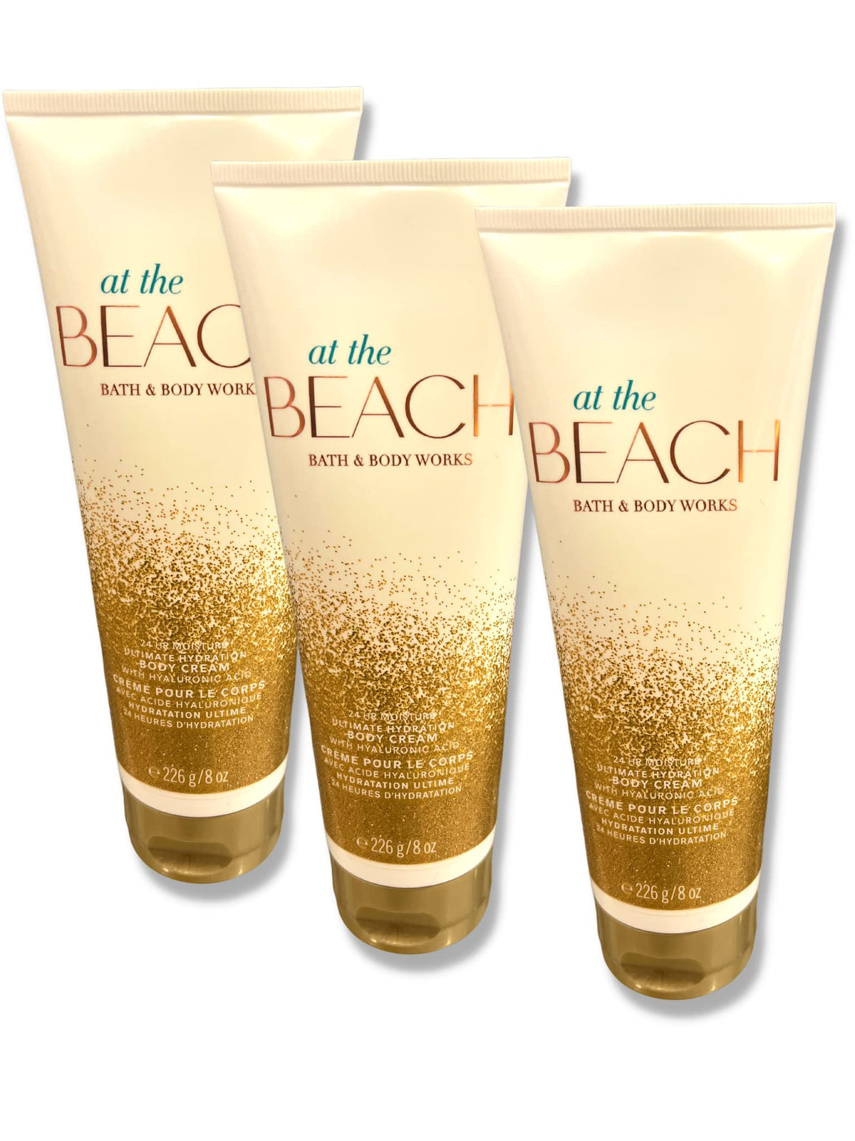 Bath & Body Works At The Beach 3-pack packaging showing hydrating cream tubes for daily use