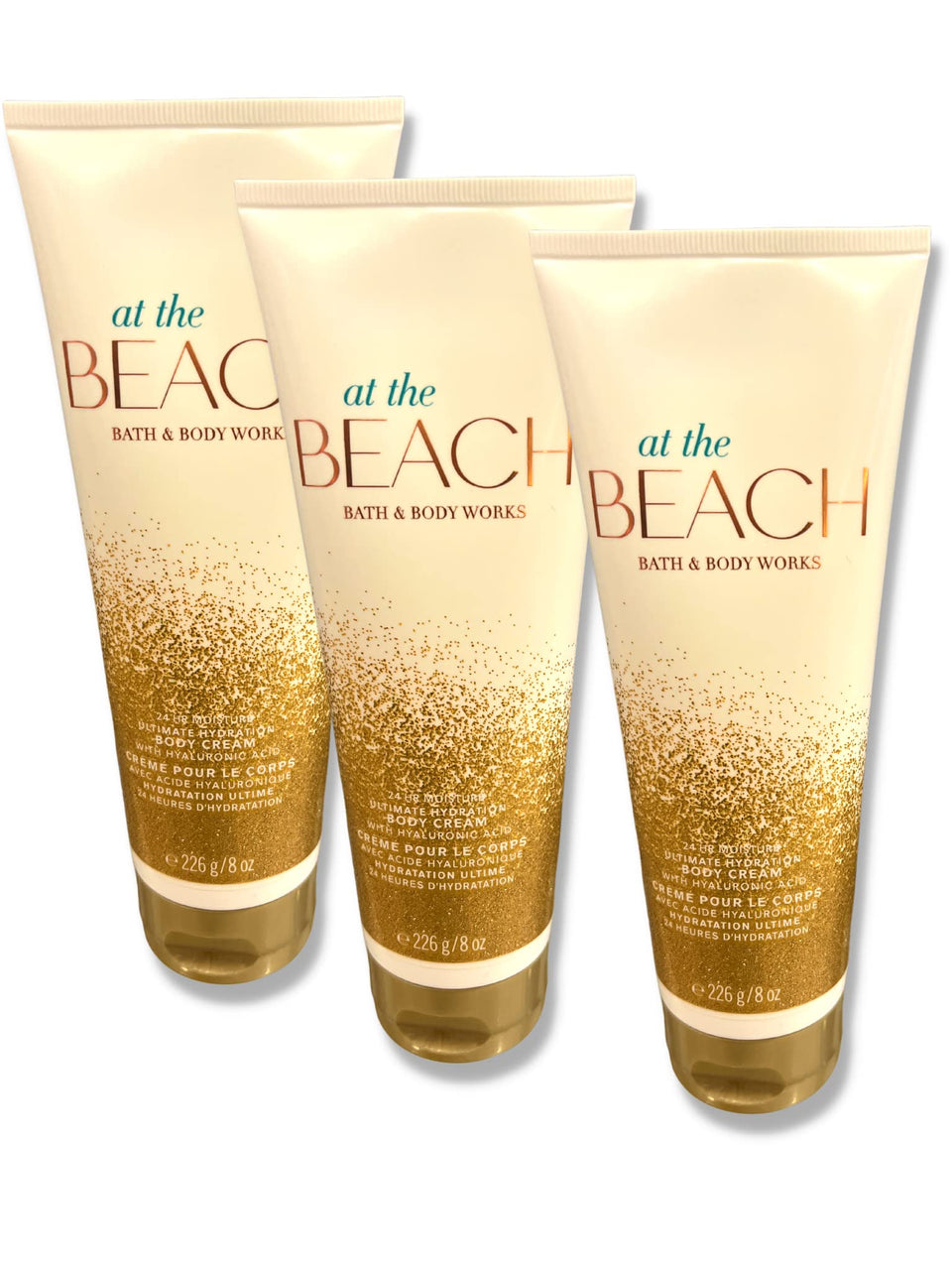 Bath & Body Works At The Beach 3-pack packaging showing hydrating cream tubes for daily use