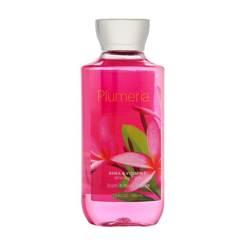 Bath & Body Works Plumeria shower gel 10 oz bottle with tropical scent and moisturizing feel.