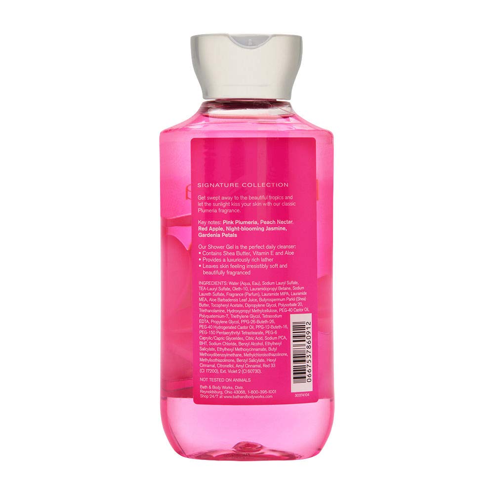 Bath & Body Works Plumeria shower gel close-up pour showing fragrant lather for daily cleansing.