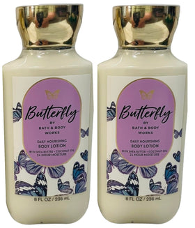 Packaging variation for Bath & Body Works Butterfly Body Lotion showing different sleeves