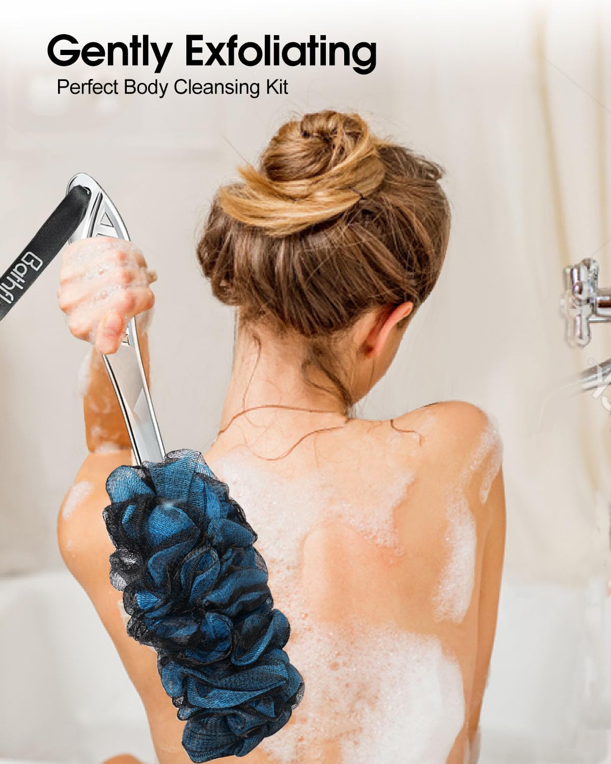 Bathflor 6-in-1 shower set includes loofahs, back scrubber, and hook.