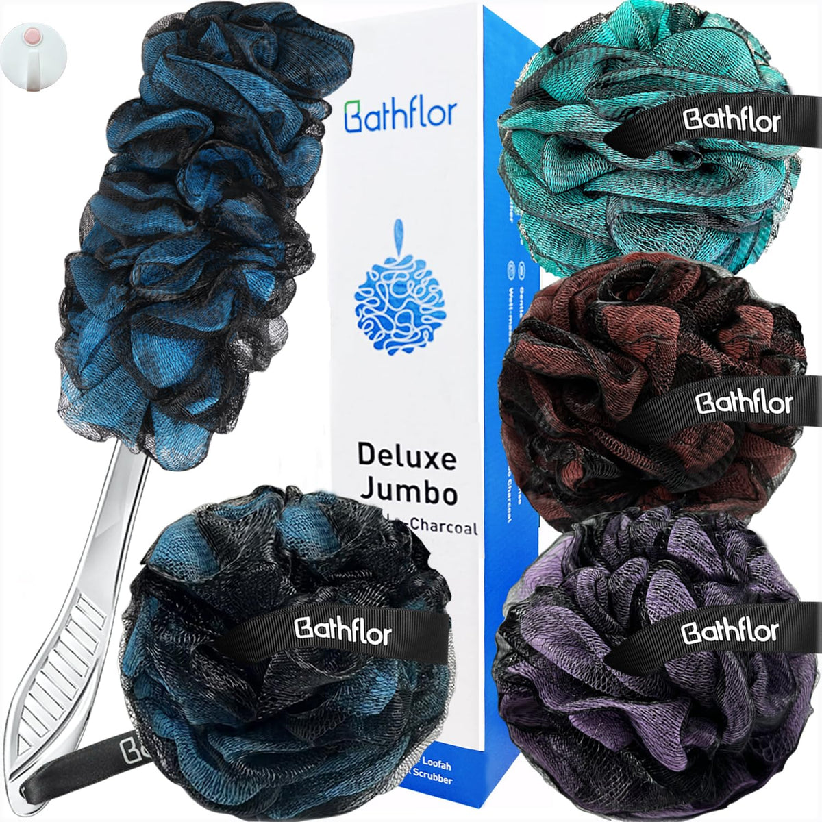 Bathflor charcoal loofah sponge 80g for deep exfoliation and richer shower lather.