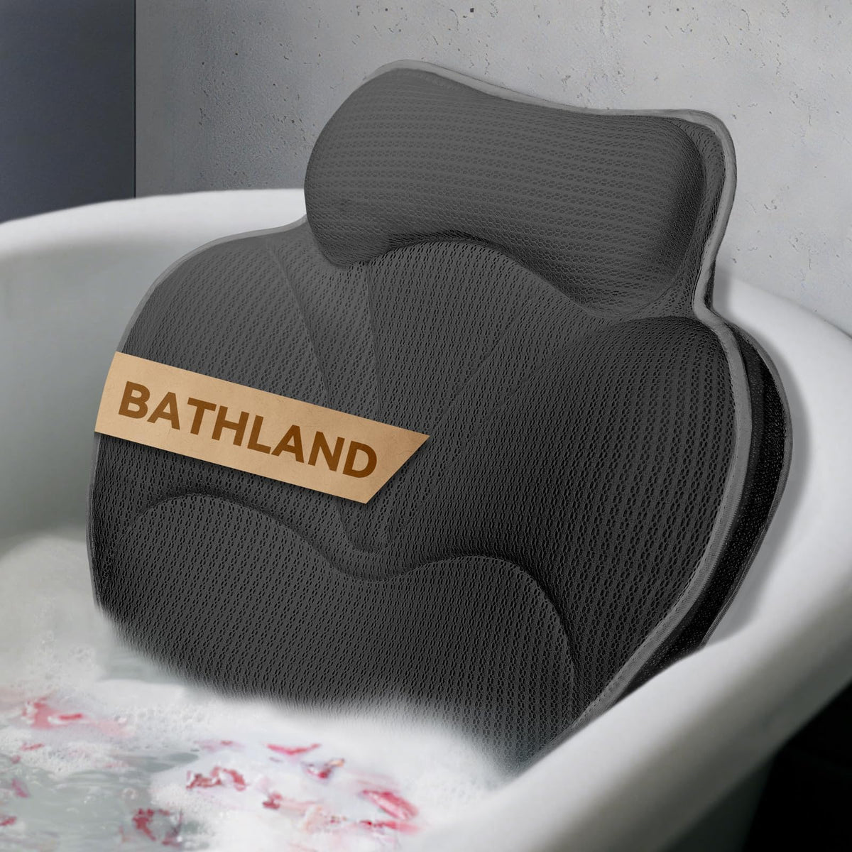 Bathland bath pillow with full-coverage neck and shoulder support for relaxing baths.