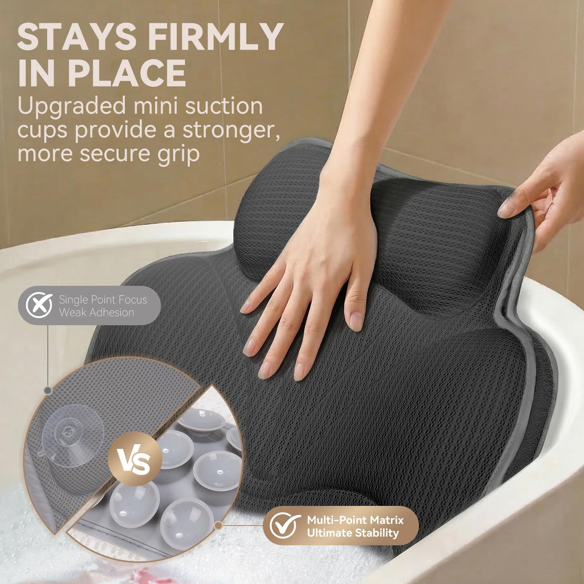 Machine-washable and foldable Bathland pillow with a hanging hook for easy drying.