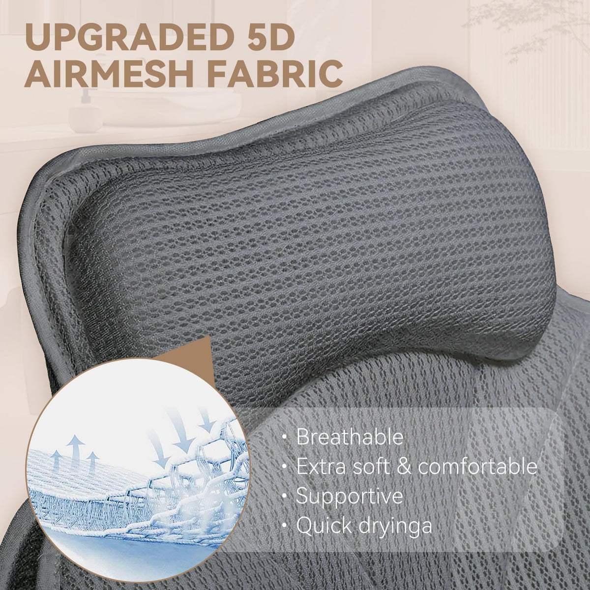 Bathland pillow with mini suction cups keeps it steady on smooth tub surfaces.