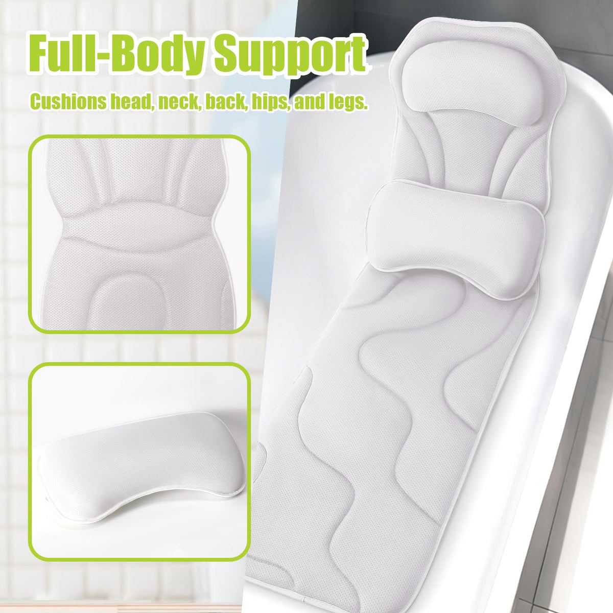 Bathland oversized pillow fits standard and freestanding tubs.