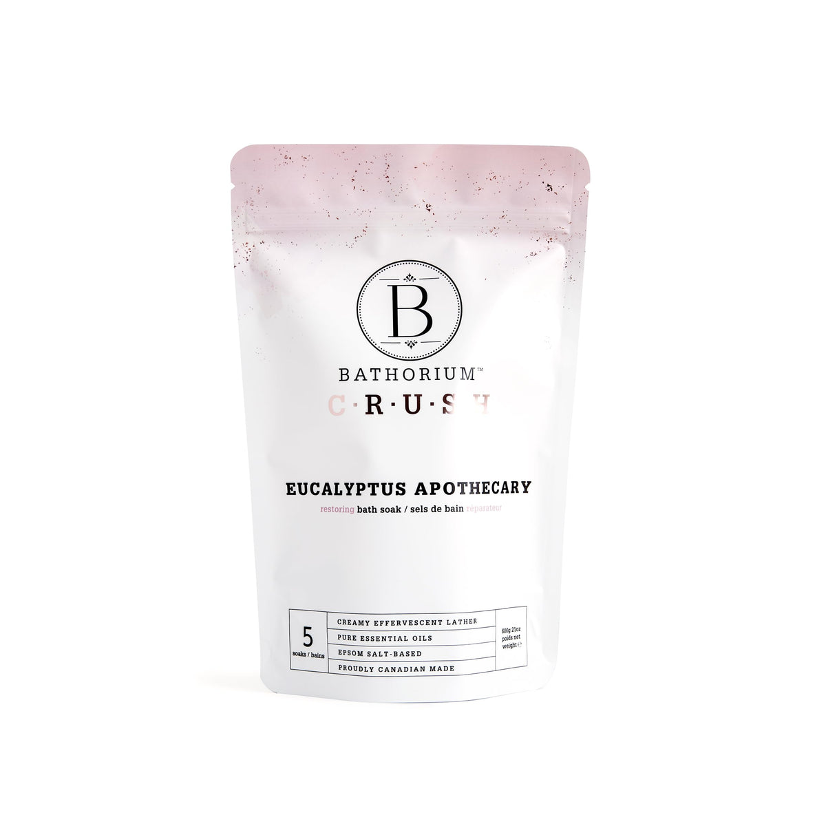 Bathorium Eucalyptus Apothecary Crush bottle promotes muscle recovery soak.
