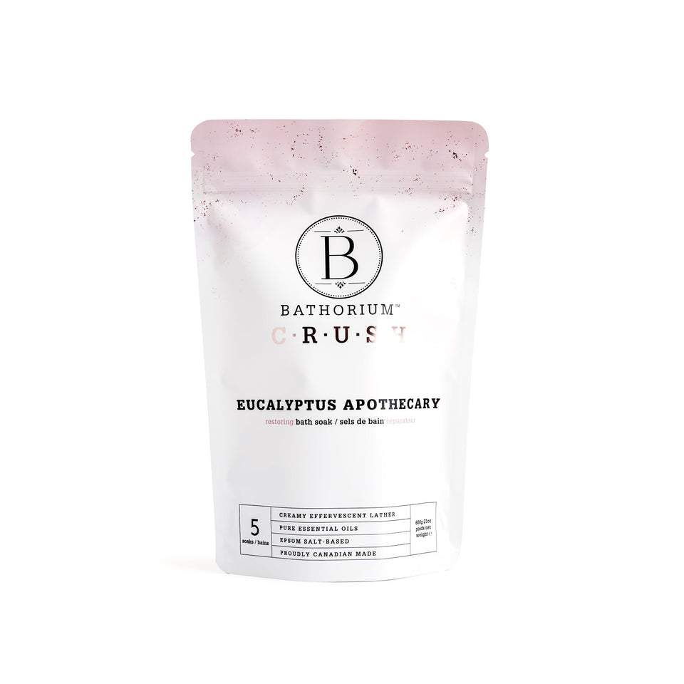 Bathorium Eucalyptus Apothecary Crush bottle promotes muscle recovery soak.