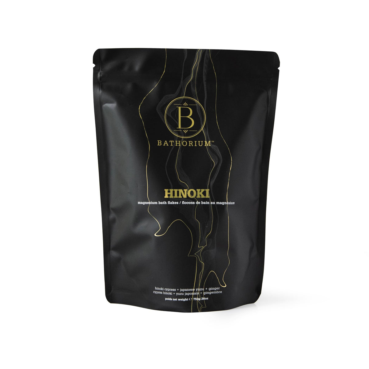 Bathorium Hinoki mineral bath flakes in a 26 oz bag for a relaxing, skin-friendly soak.