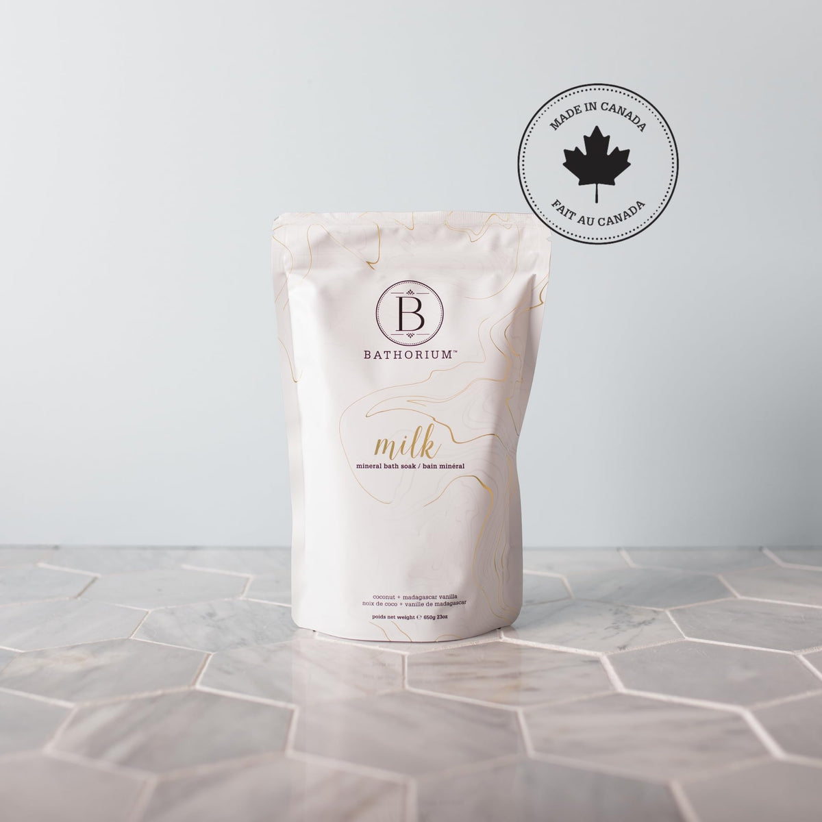 Bathorium Milk Mineral Bath Soak CO2 vanilla shot emphasizes calming aroma and spa-like experience.