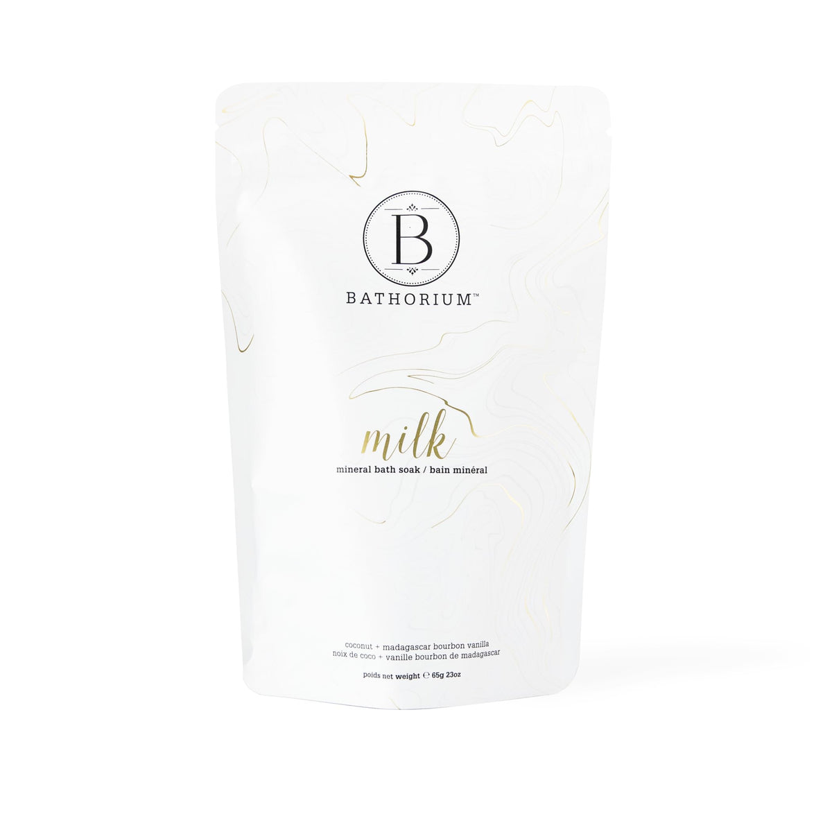 Bathorium Milk Mineral Bath Soak bottle with coconut highlights gentle hydration for sensitive skin.