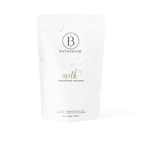 Bathorium Milk Mineral Bath Soak bottle with coconut highlights gentle hydration for sensitive skin.