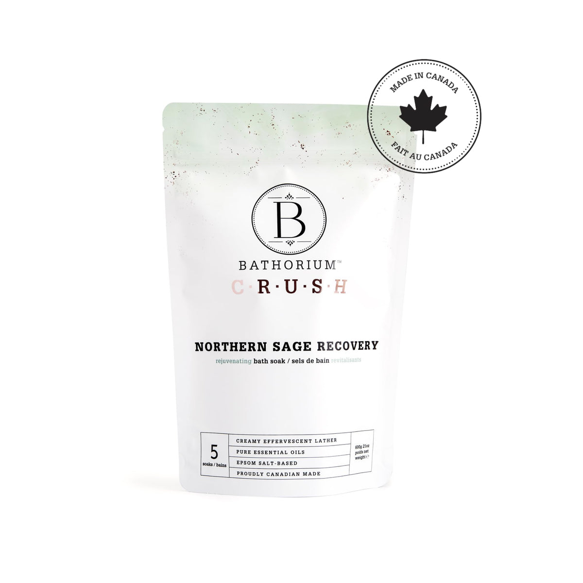 Bathorium Northern Sage Recovery Crush poured into a warm bath for relaxation