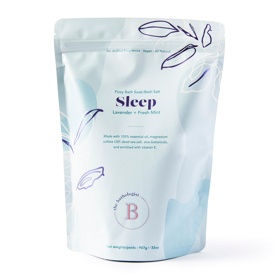 Bathorium The Bathologist Sleep Fizzy bottle closeup for relaxing soak.