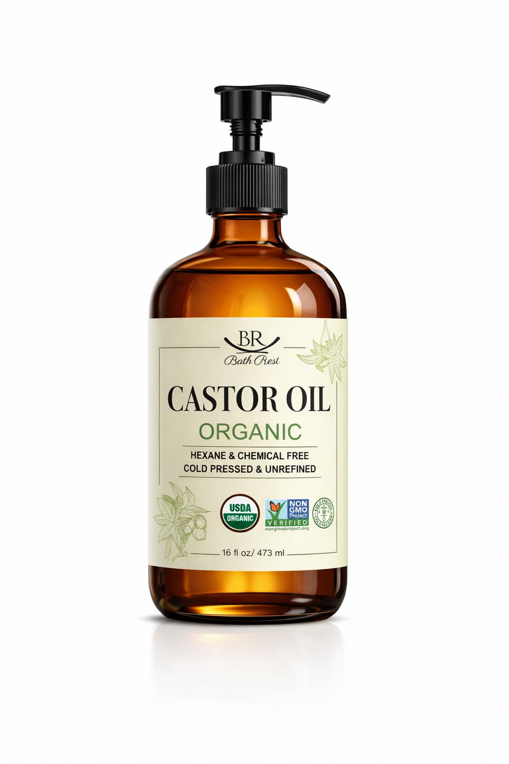 Bathrest castor oil bottle in amber glass for freshness and easy storage.