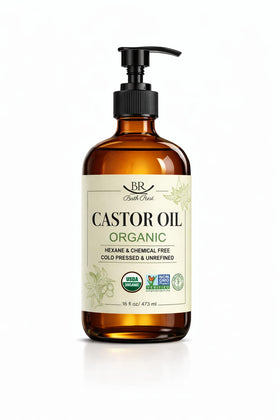 Bathrest castor oil bottle in amber glass for freshness and easy storage.