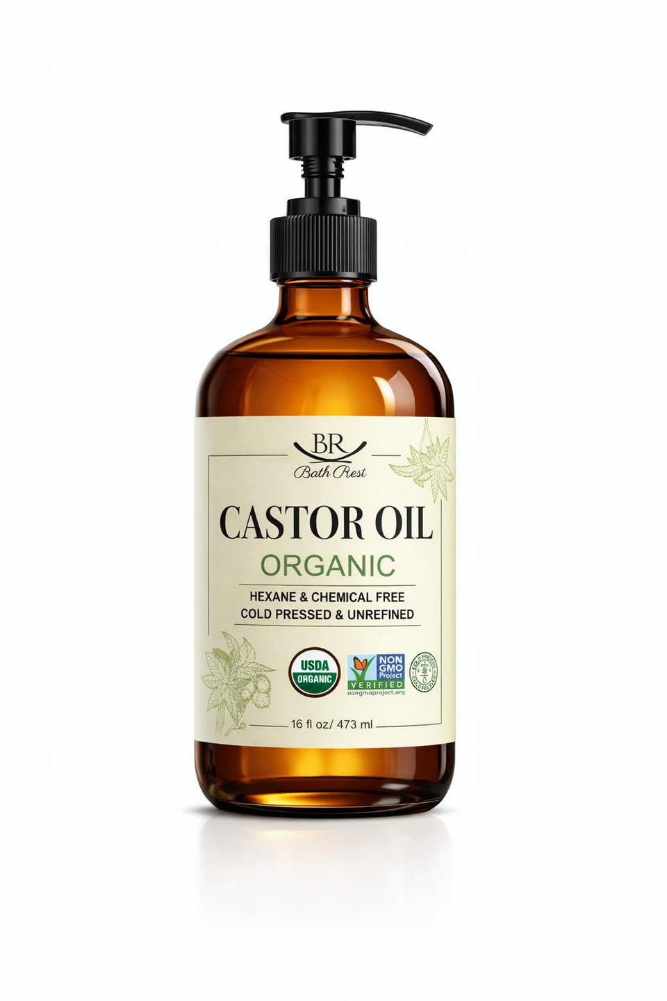 Bathrest castor oil bottle in amber glass for freshness and easy storage.