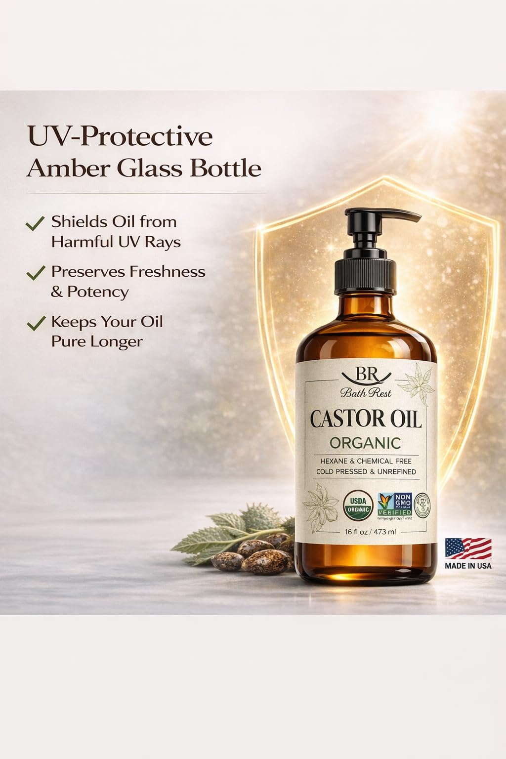 Bathrest castor oil pack-friendly bottle for home beauty rituals.