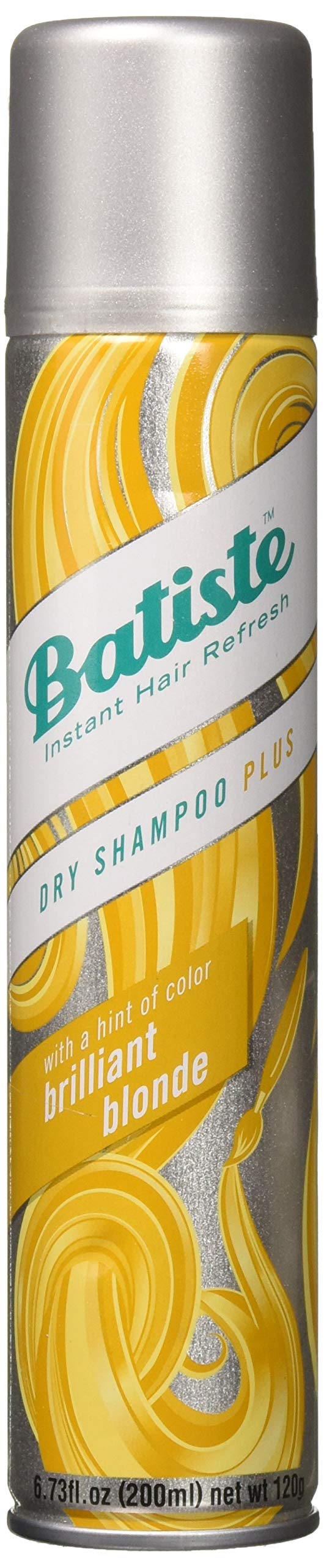 Batiste Dry Shampoo Plus Brilliant Blonde bottle refreshing roots between washes.