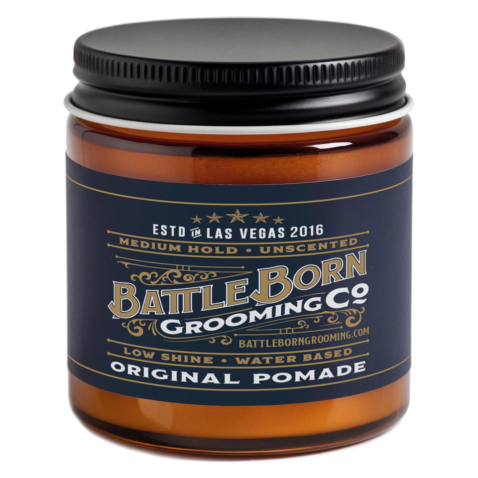 Battle Born Grooming Co Original Pomade bottle close-up showing unscented formula for all-day hold.
