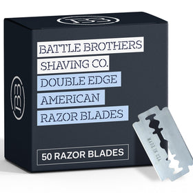 Battle Brothers razor blades close-up, stainless steel edges for a smooth shave.